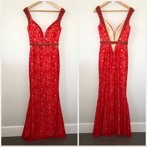 Fengye Loman Red Beaded Lace Floor Length  Prom Dress 8 - Picture 2 of 12
